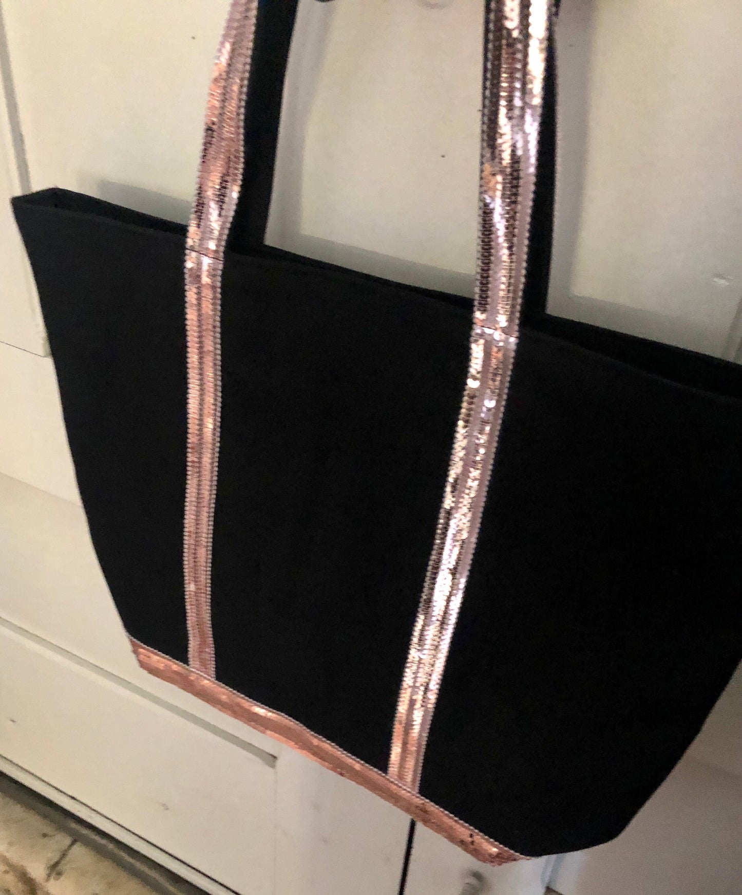 Black cotton canvas tote bag with pale pink sequins