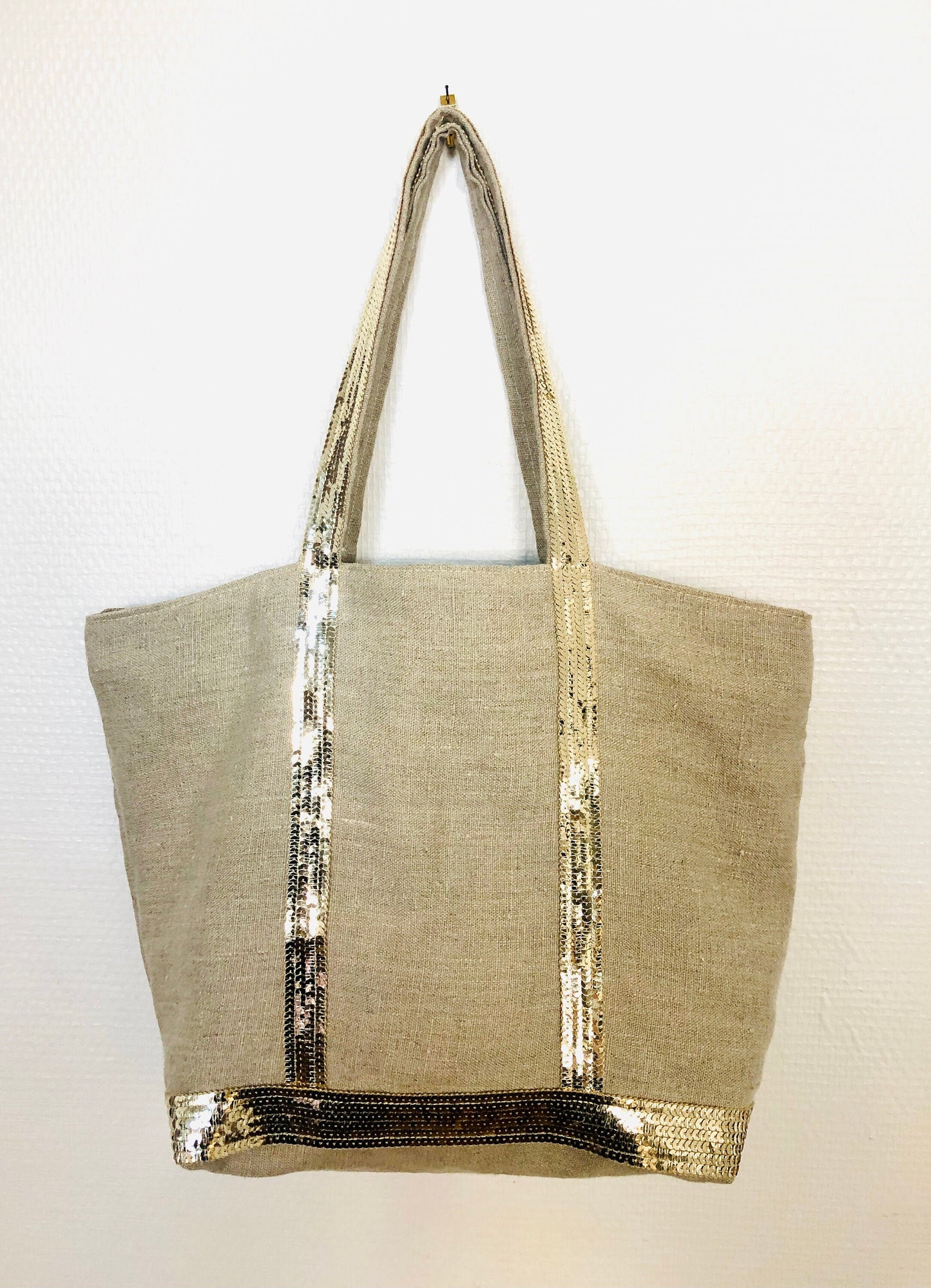Washed linen tote bag with gold sequins