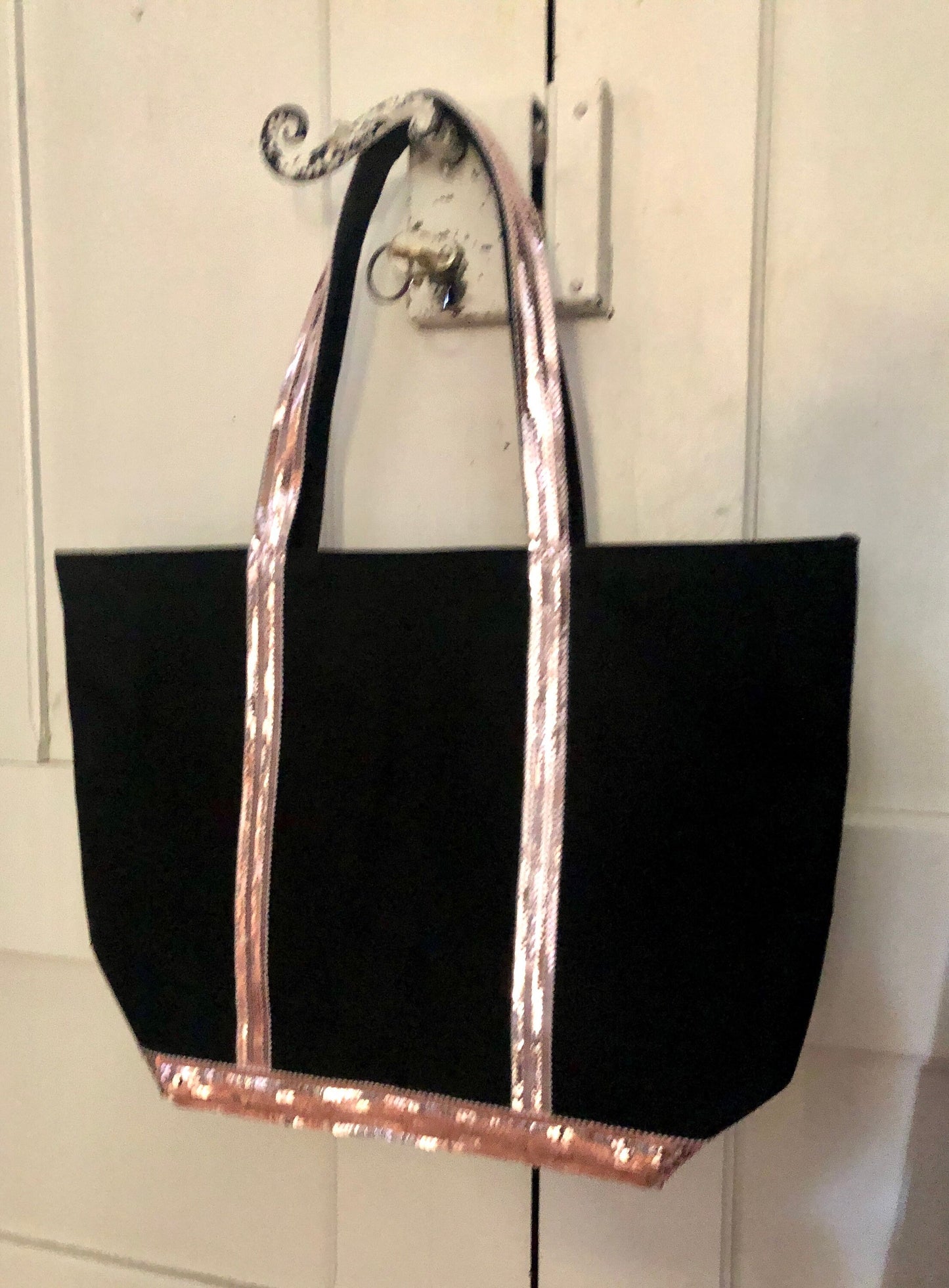 Black cotton canvas tote bag with pale pink sequins