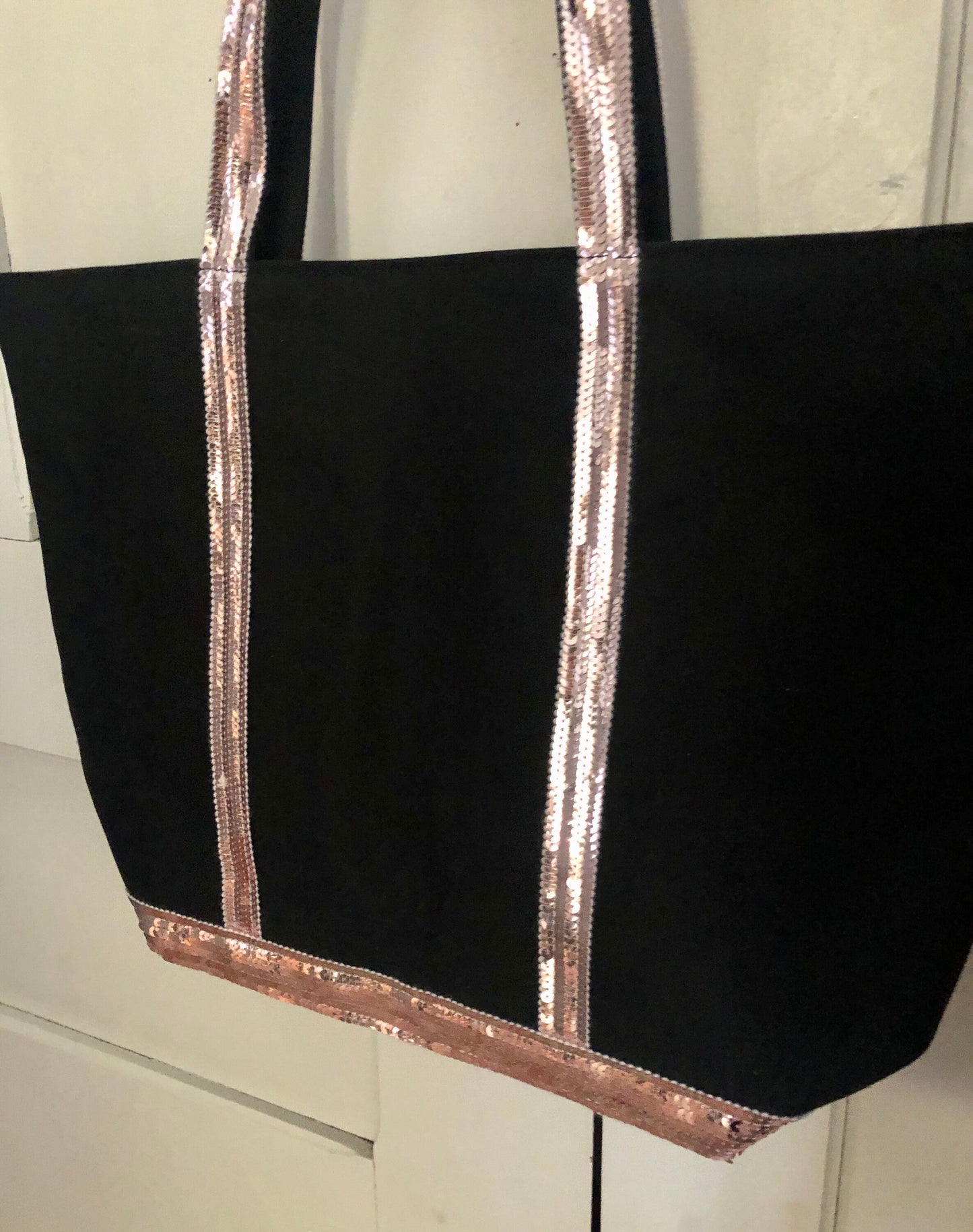 Black cotton canvas tote bag with pale pink sequins