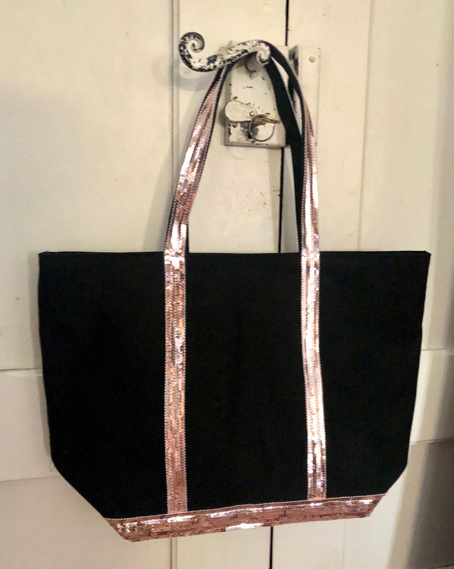 Black cotton canvas tote bag with pale pink sequins