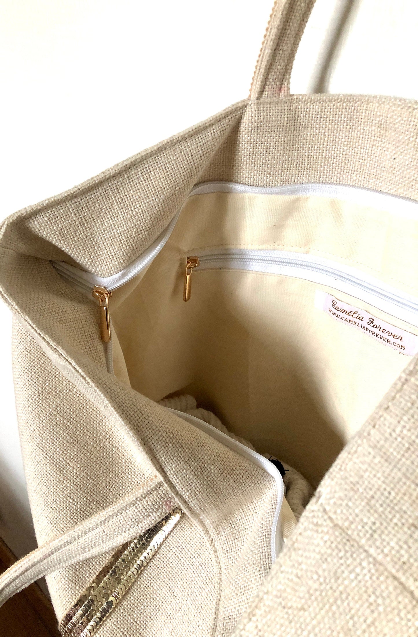 Tote bag toile de coton, sac porté épaule ecru, sac été 2022, sac toile été, fourre tout paillettes, sac plage écru