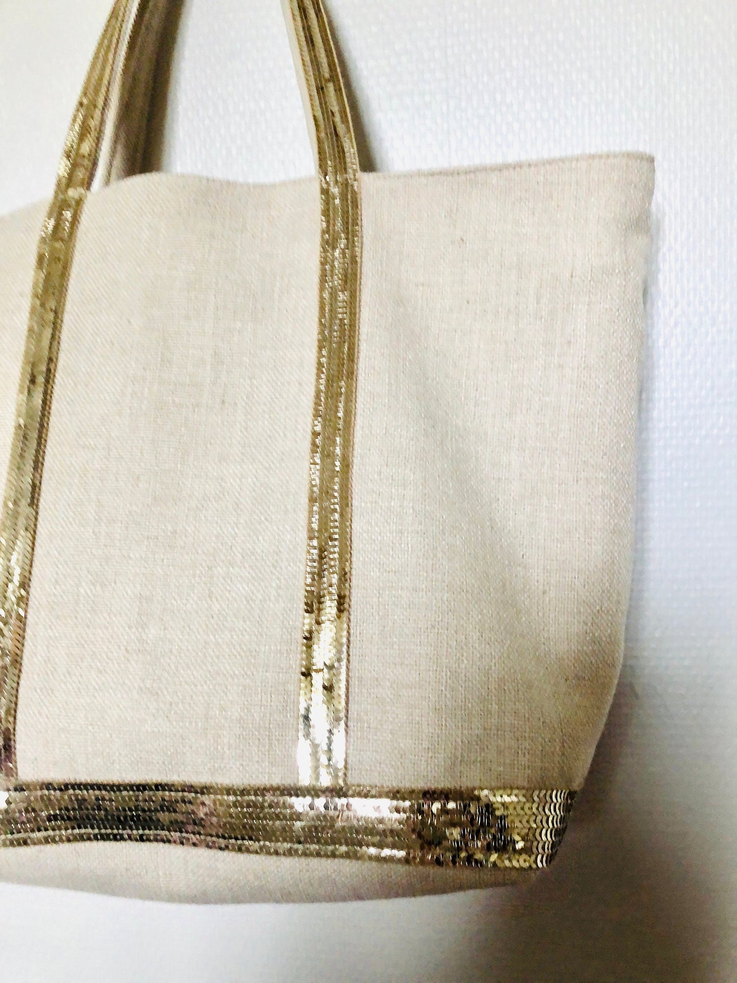 Tote bag toile de coton, sac porté épaule ecru, sac été 2022, sac toile été, fourre tout paillettes, sac plage écru