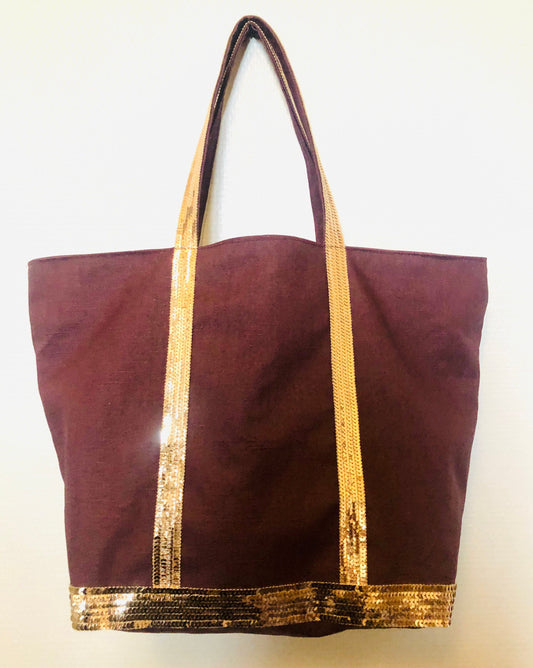 Sac cabas lin enduit prune paillettes dorés