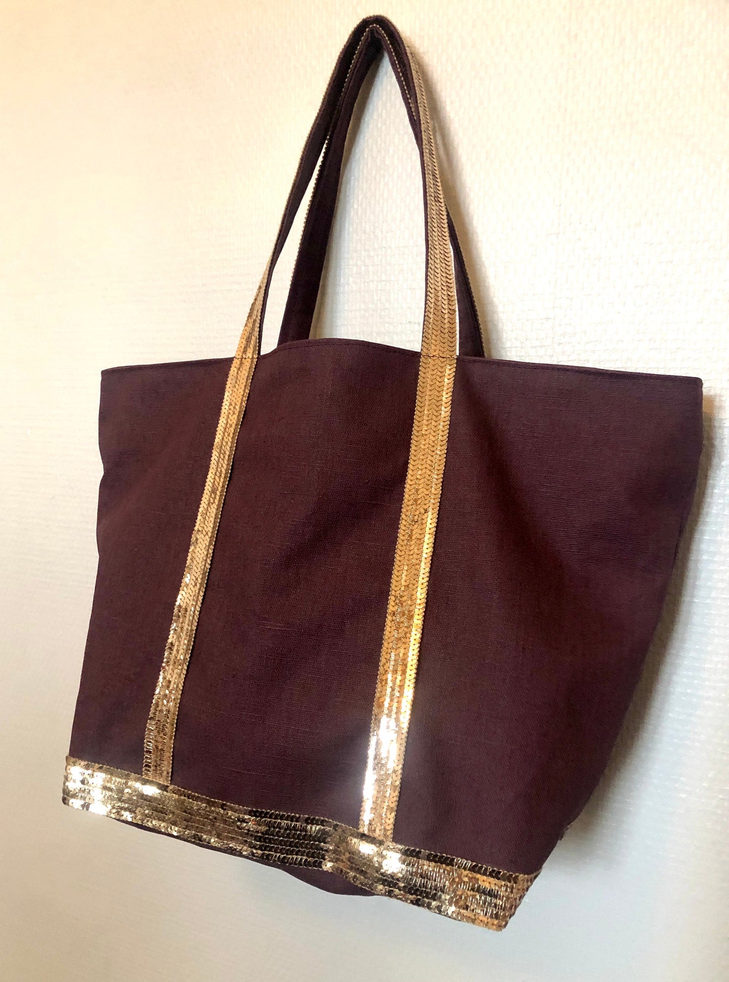 Sac cabas lin enduit prune paillettes dorés
