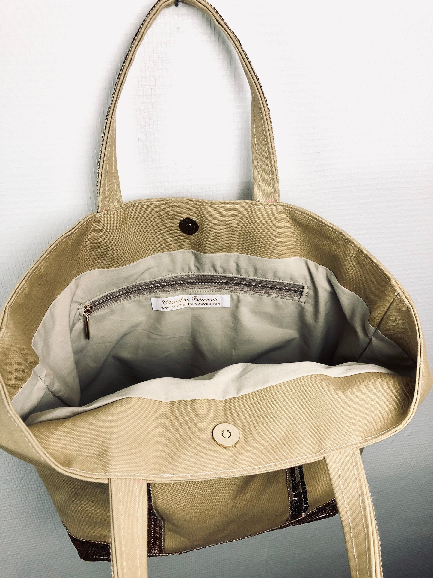 Camel Sequin cotton tote bag, summer it bag, natural fabric sequin tote, beige sequin shopper,  work purse