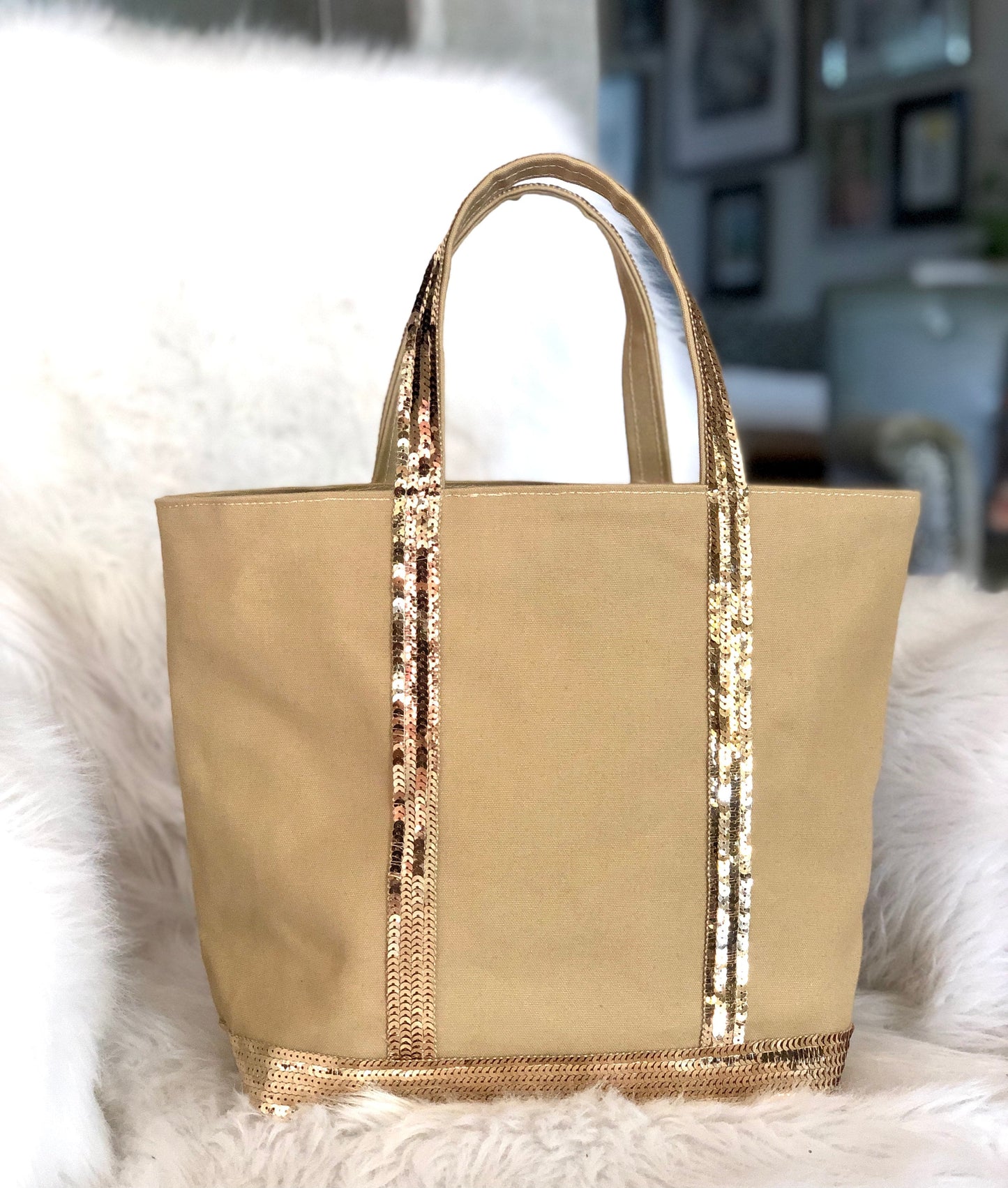 Camel Sequin cotton tote bag, summer it bag, natural fabric sequin tote, beige sequin shopper,  work purse