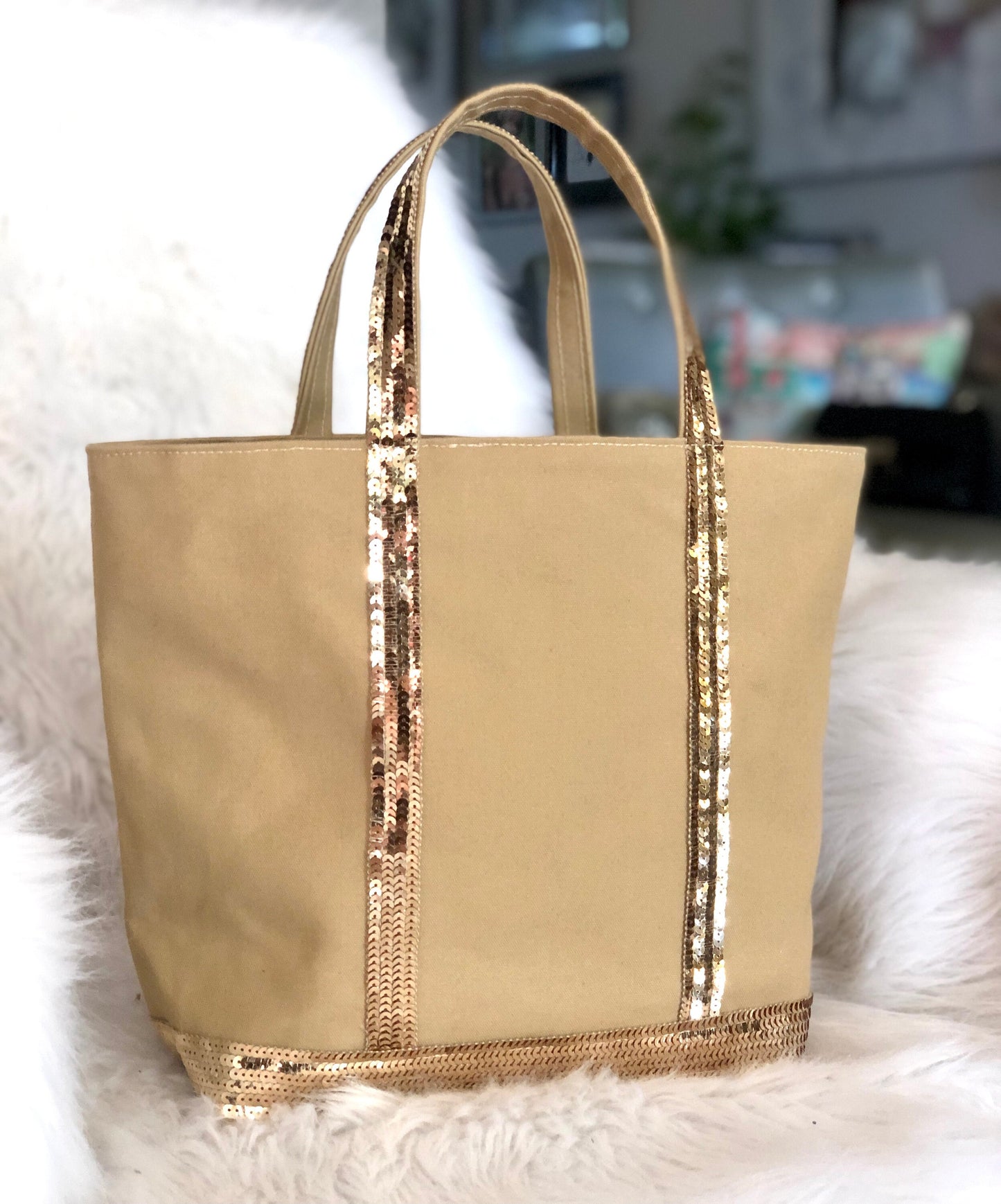 Camel Sequin cotton tote bag, summer it bag, natural fabric sequin tote, beige sequin shopper,  work purse