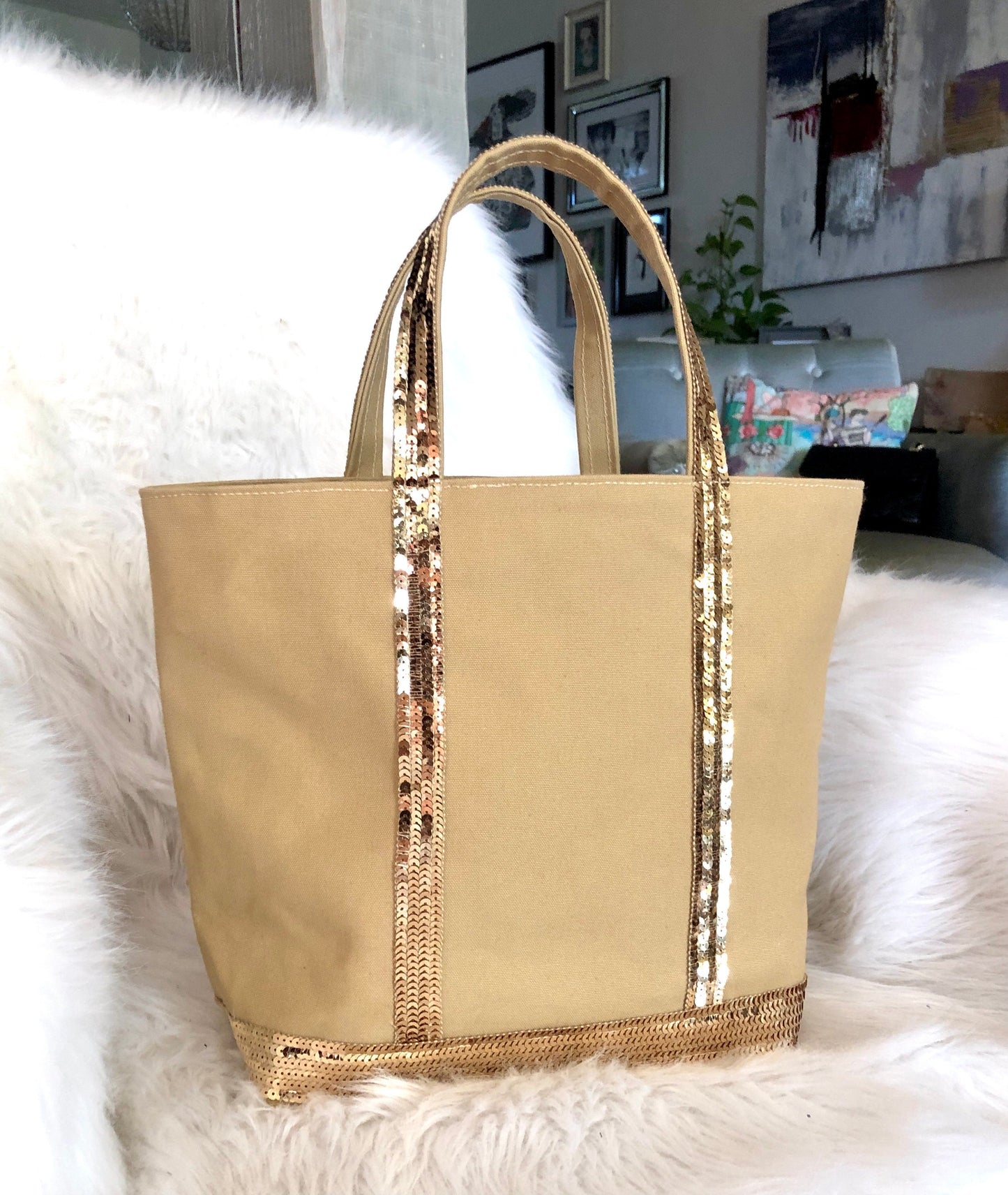 Camel Sequin cotton tote bag, summer it bag, natural fabric sequin tote, beige sequin shopper,  work purse