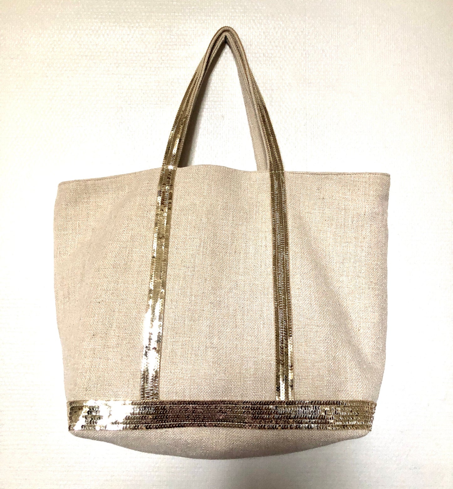 Tote bag toile de coton, sac porté épaule ecru, sac été 2022, sac toile été, fourre tout paillettes, sac plage écru