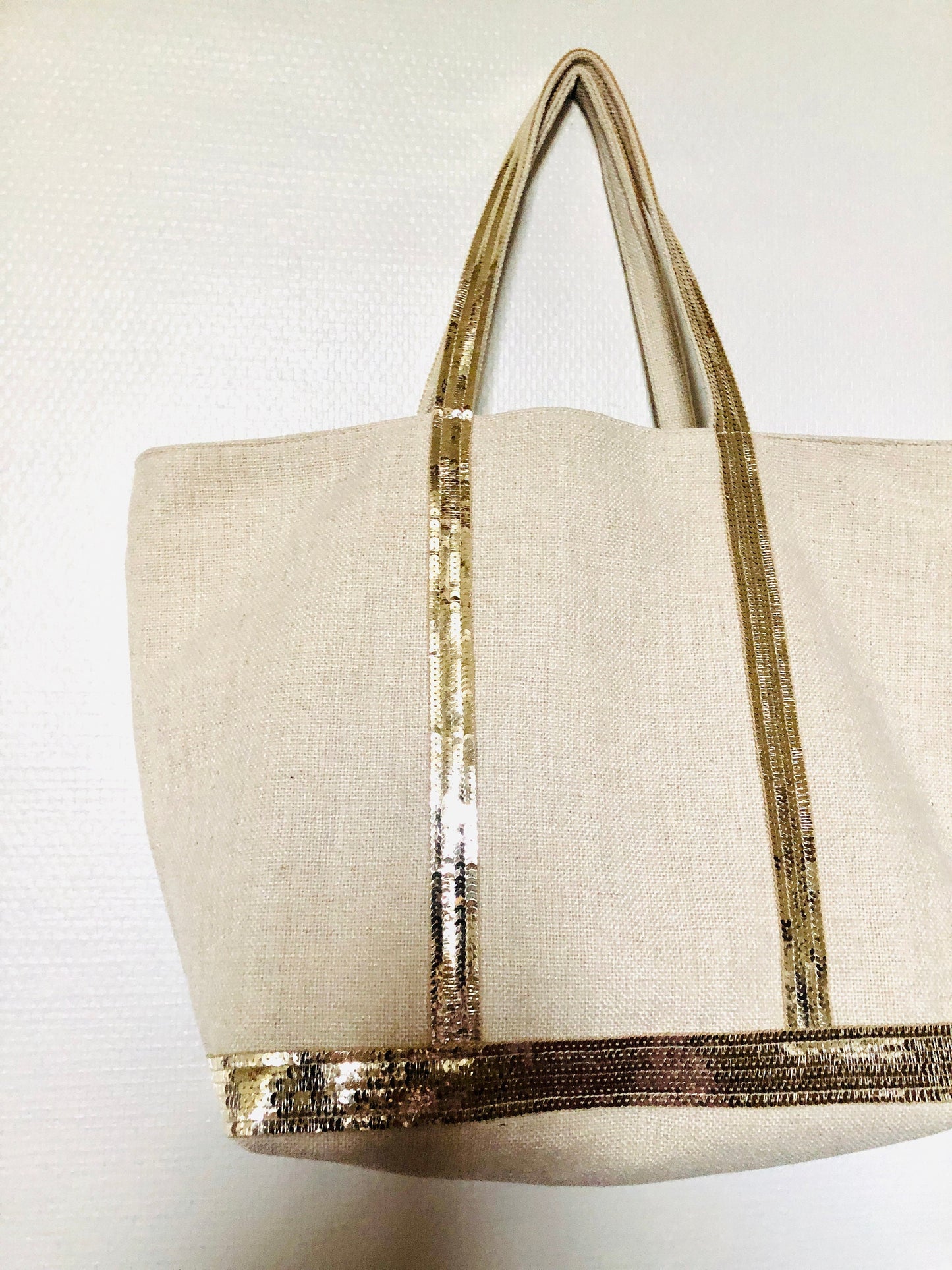 Tote bag toile de coton, sac porté épaule ecru, sac été 2022, sac toile été, fourre tout paillettes, sac plage écru