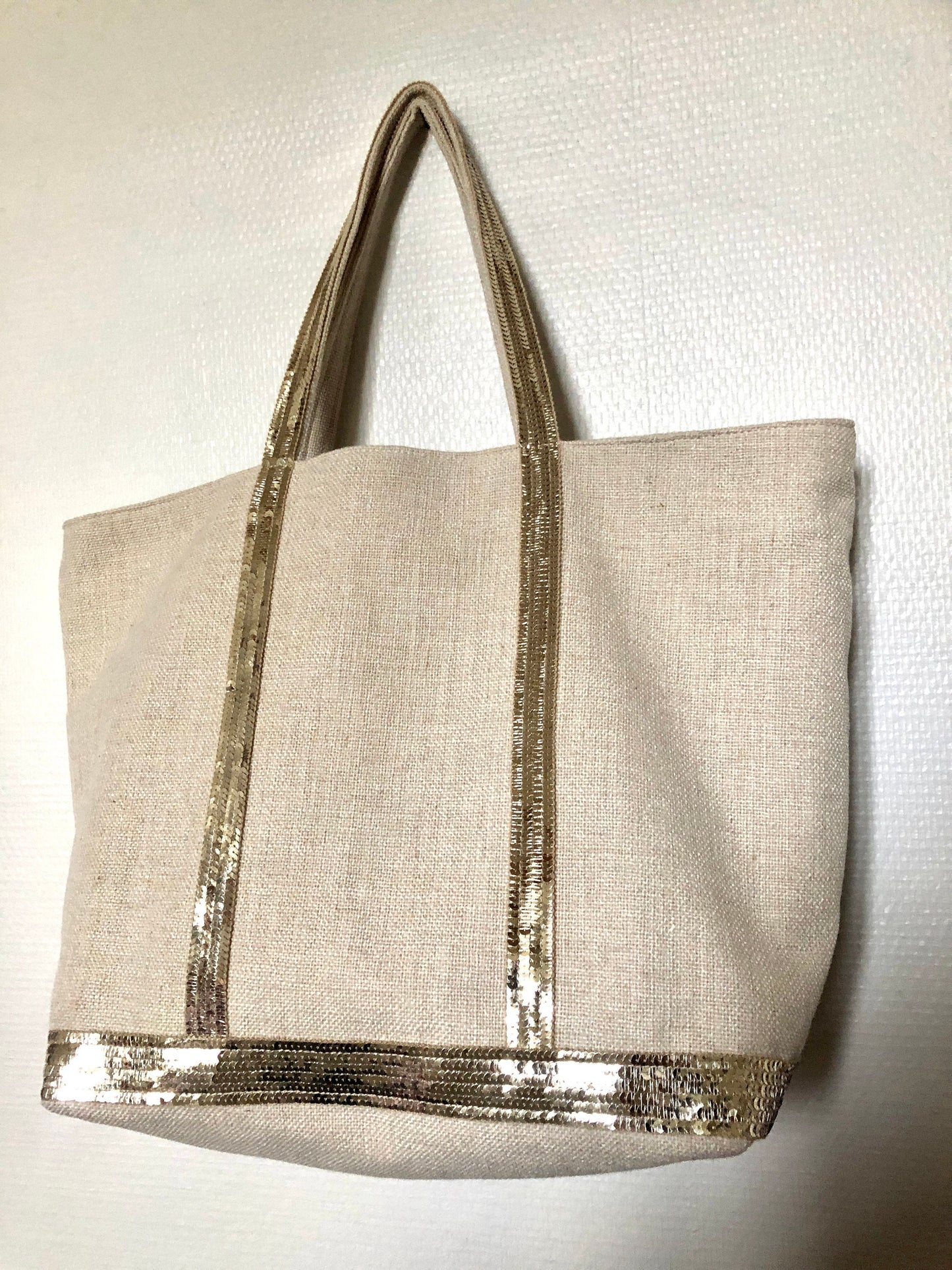 Tote bag toile de coton, sac porté épaule ecru, sac été 2022, sac toile été, fourre tout paillettes, sac plage écru