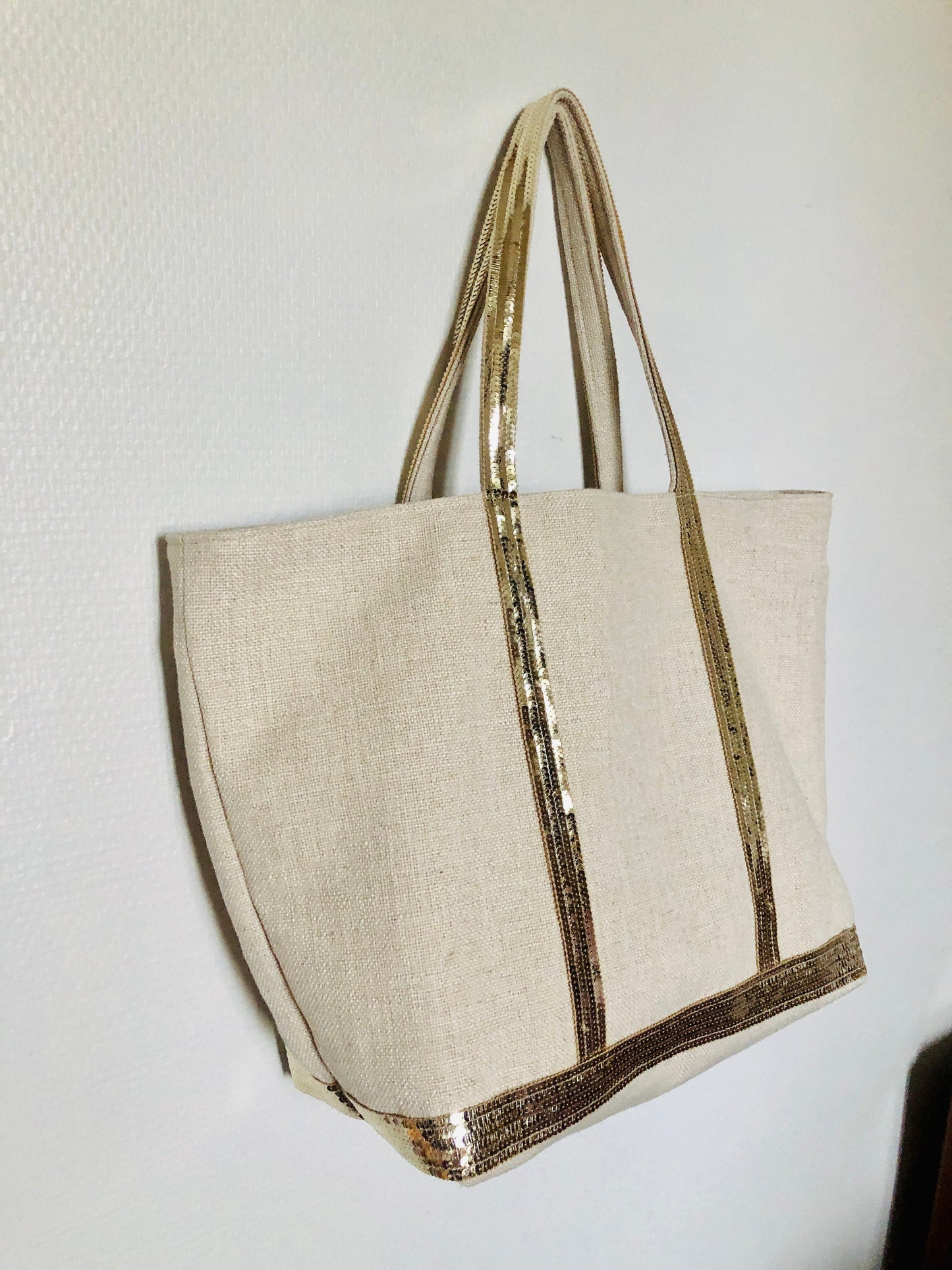 Tote bag toile de coton, sac porté épaule ecru, sac été 2022, sac toile été, fourre tout paillettes, sac plage écru