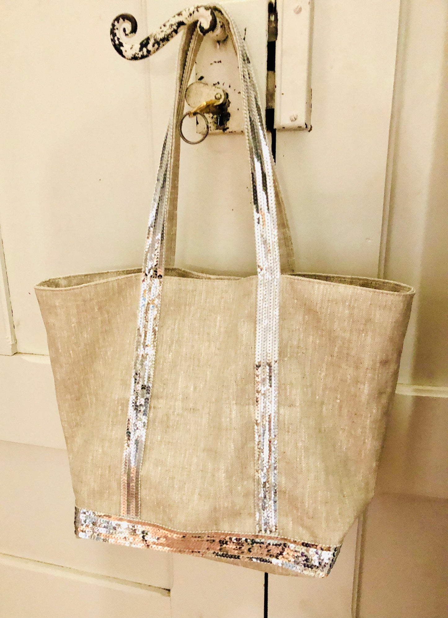 Sac cabas en lin enduit naturel sequins argent
