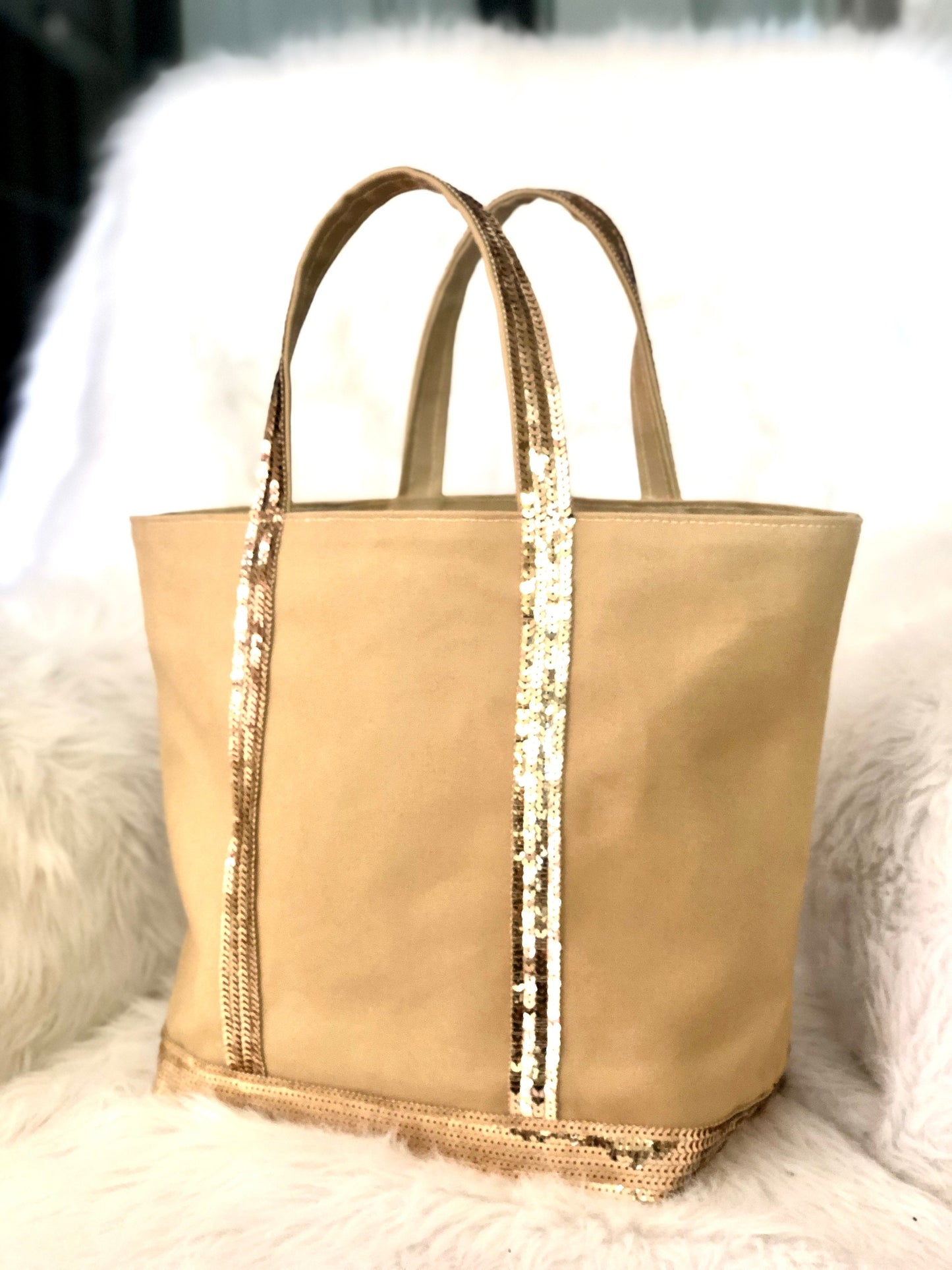 Camel Sequin cotton tote bag, summer it bag, natural fabric sequin tote, beige sequin shopper,  work purse