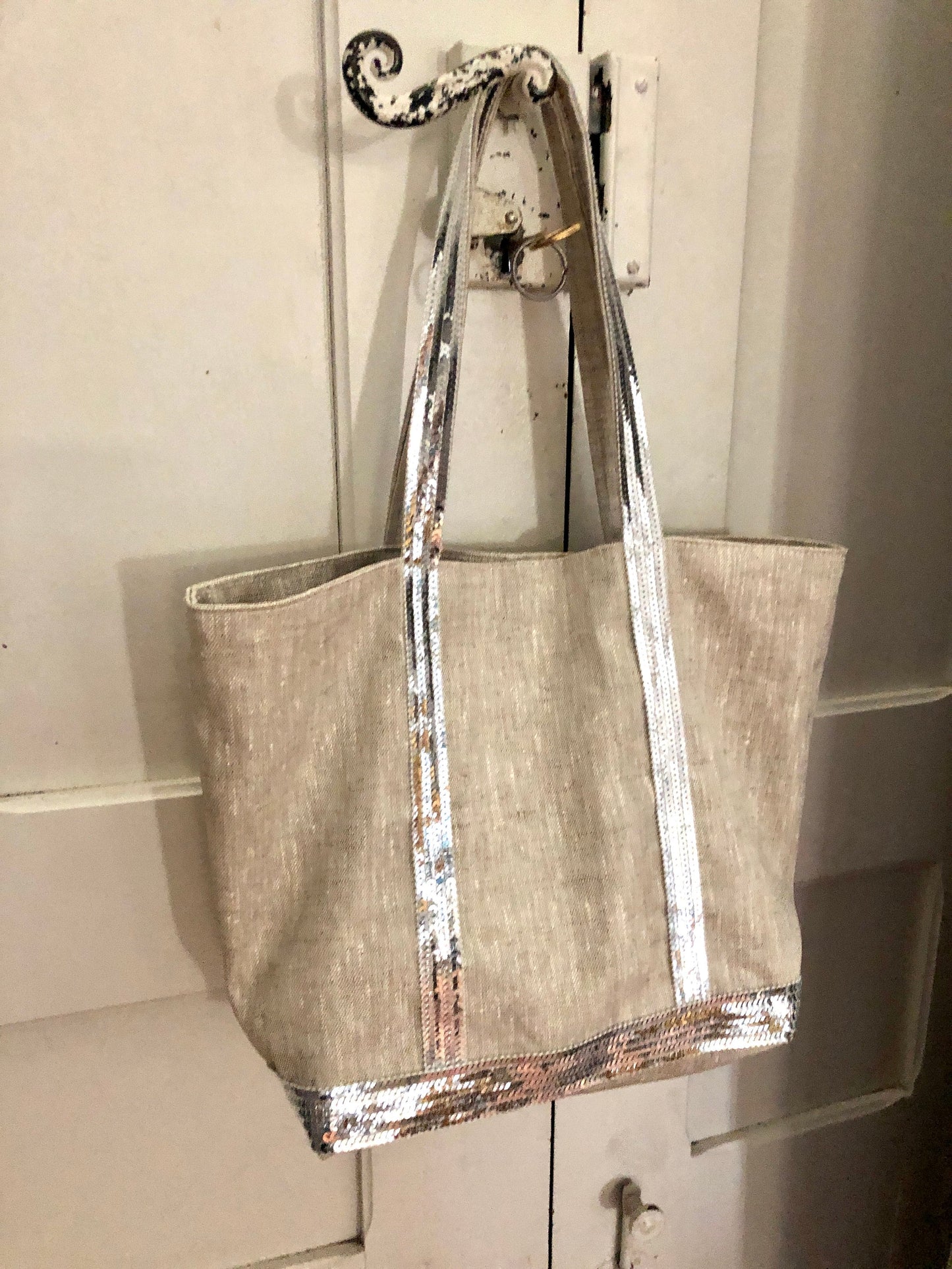 Sac cabas en lin enduit naturel sequins argent