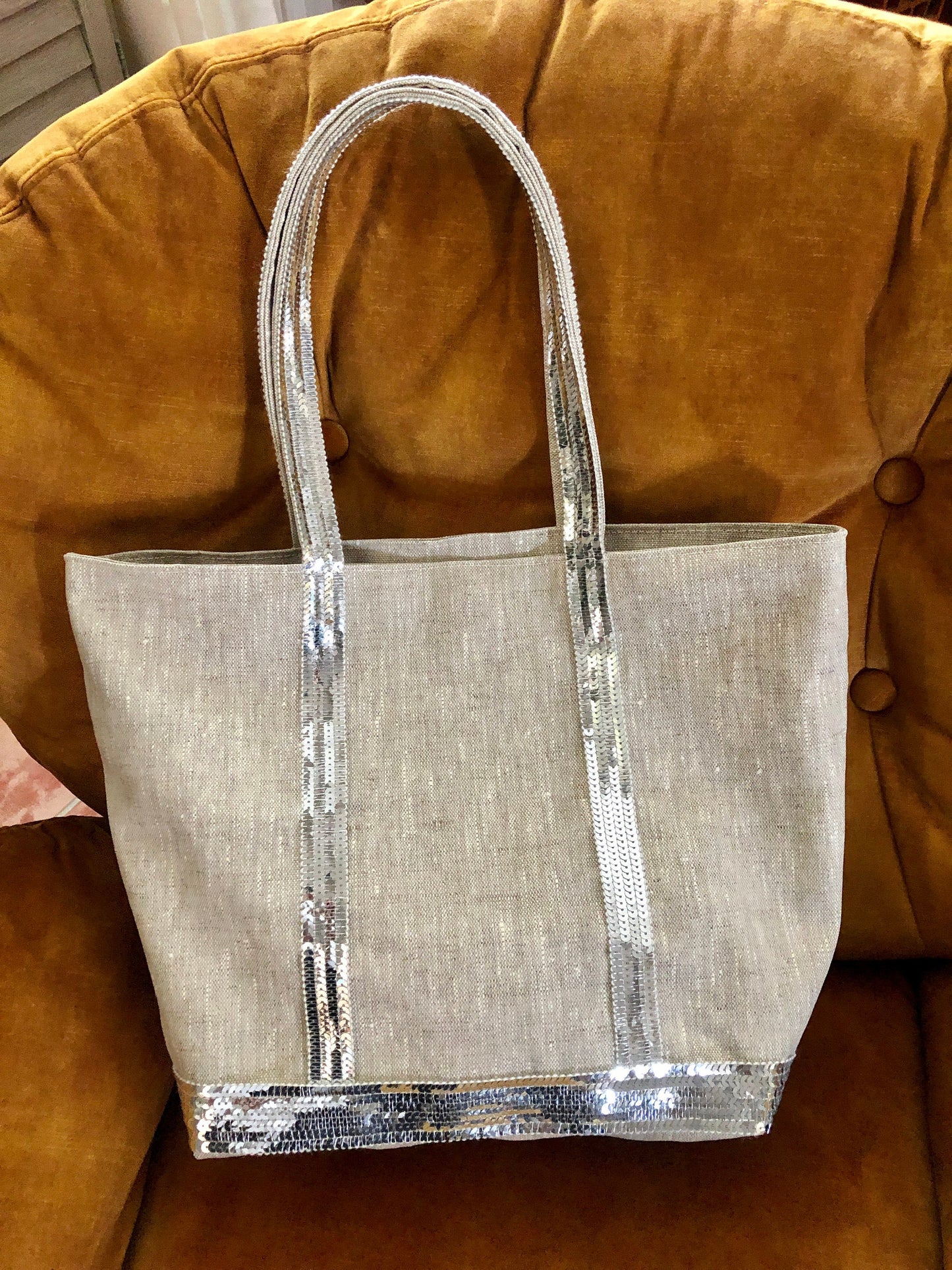 Sac cabas en lin enduit naturel sequins argent