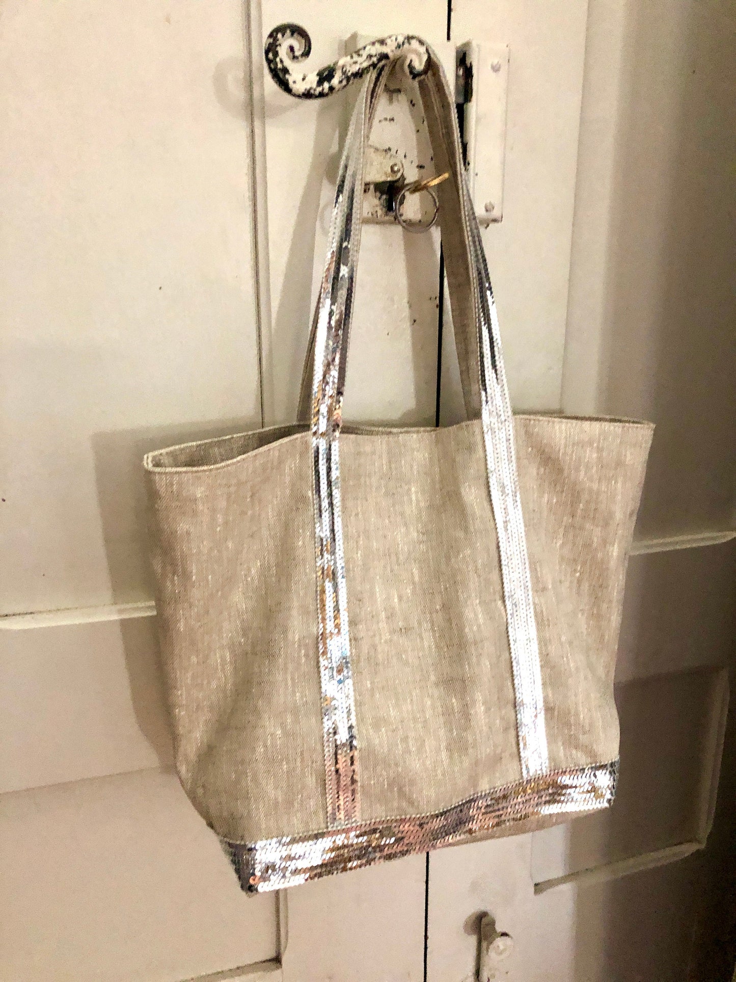 Sac cabas en lin enduit naturel sequins argent