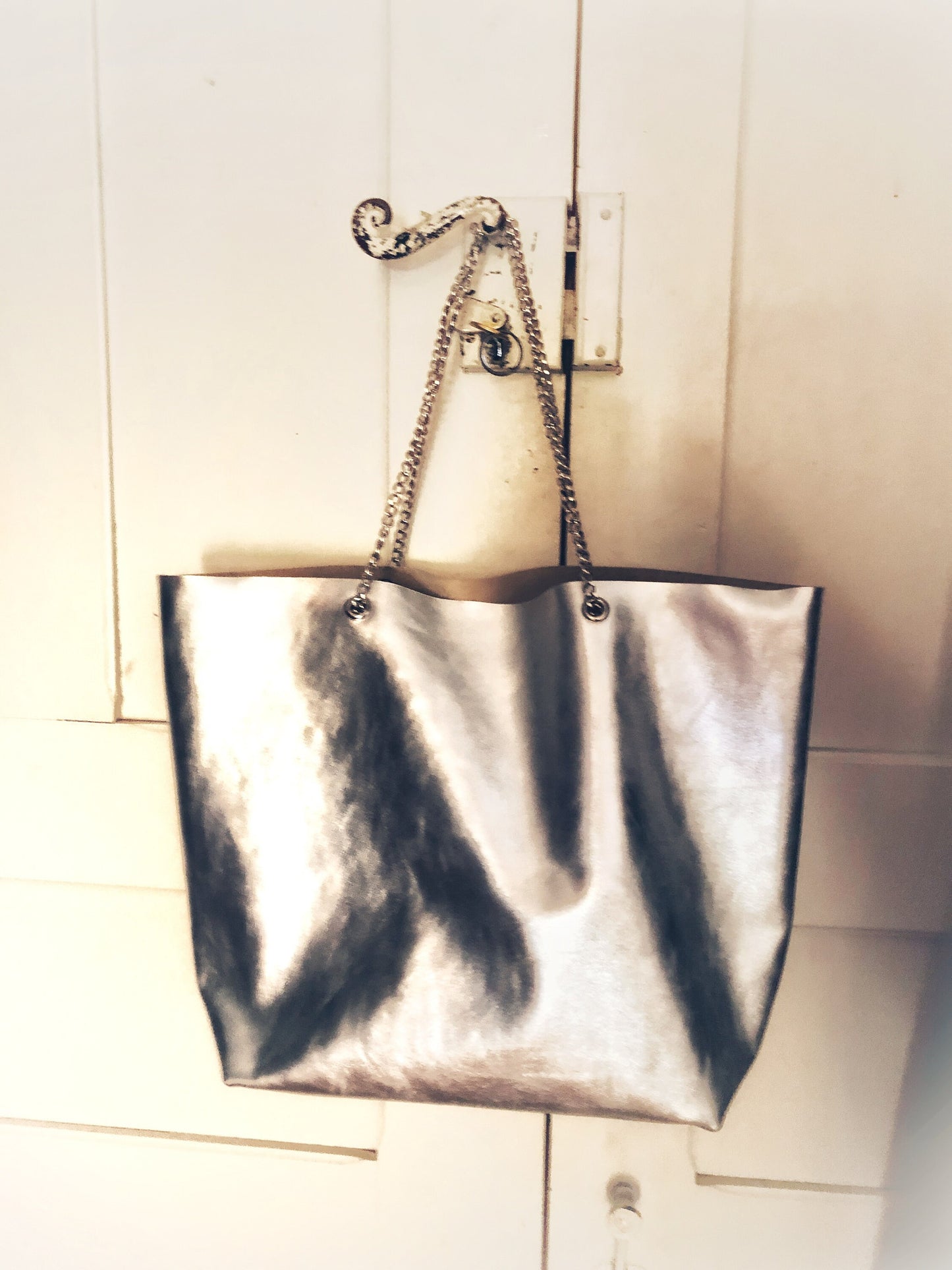 Sac tote épaule cuir argent, Sac a main femme cuir souple italien, sac shopping cuir, sac cabas femme cuir, fourre tout cuir argent