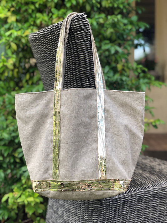 Sac cabas lin enduit naturel paillettes dorées, cabas avec fermeture eclair, fourre toute été, sac porté épaule en  lin