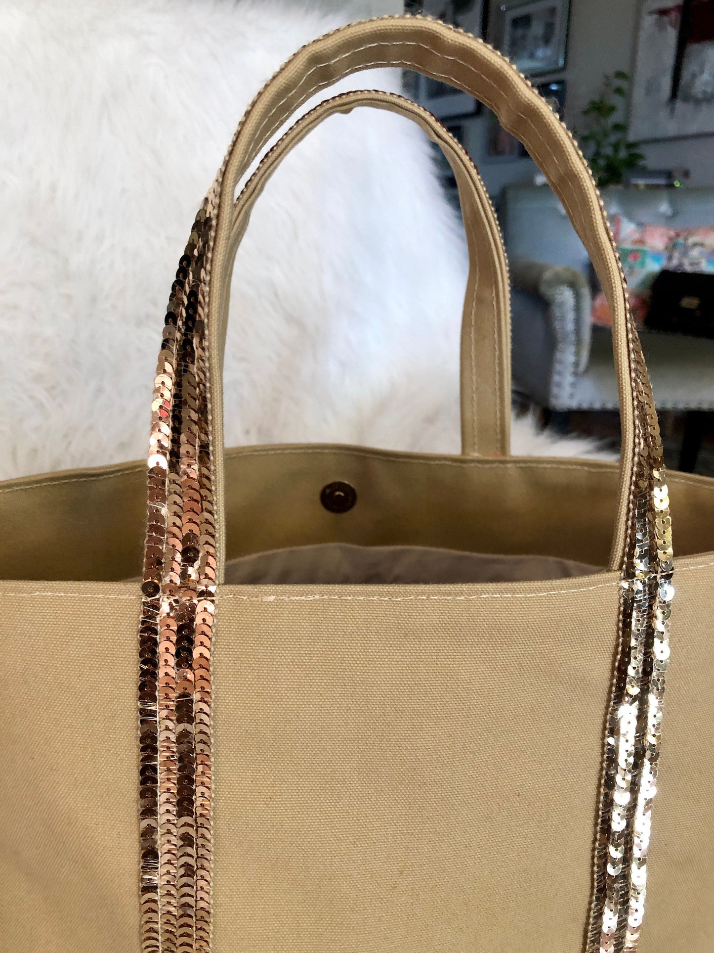 Camel handbag, trendy summer tote bag, sequin tote, sequin beach bag, personalized bag