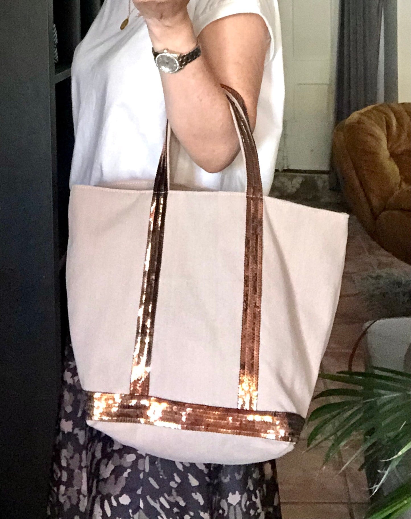 Cotton canvas tote bag, sequin beach bag