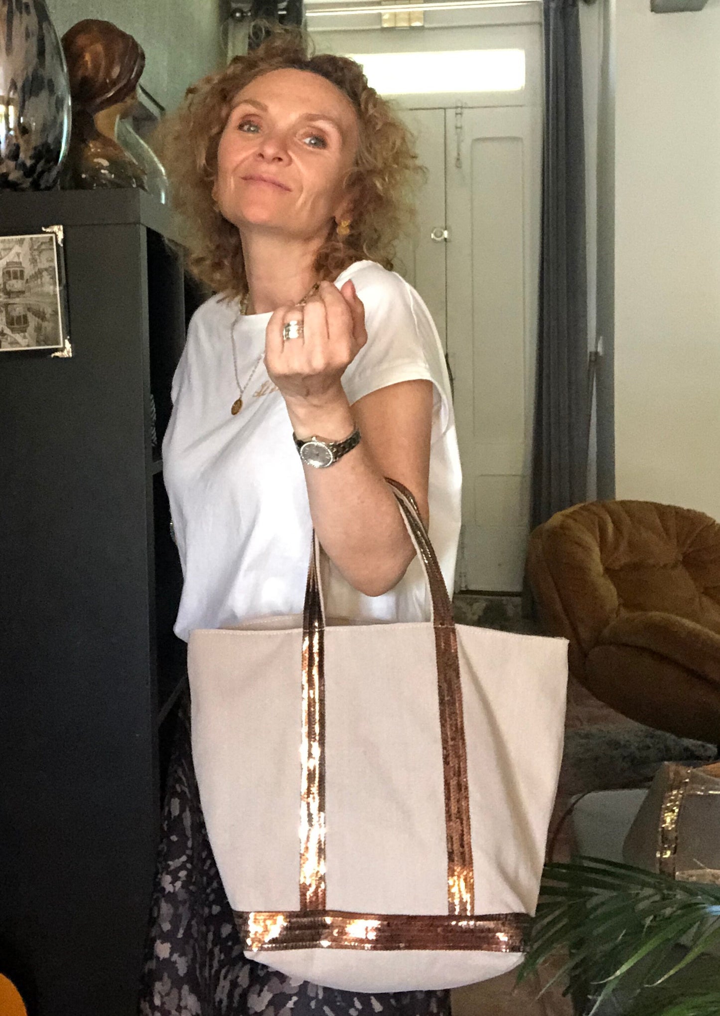 Cotton canvas tote bag, sequin beach bag