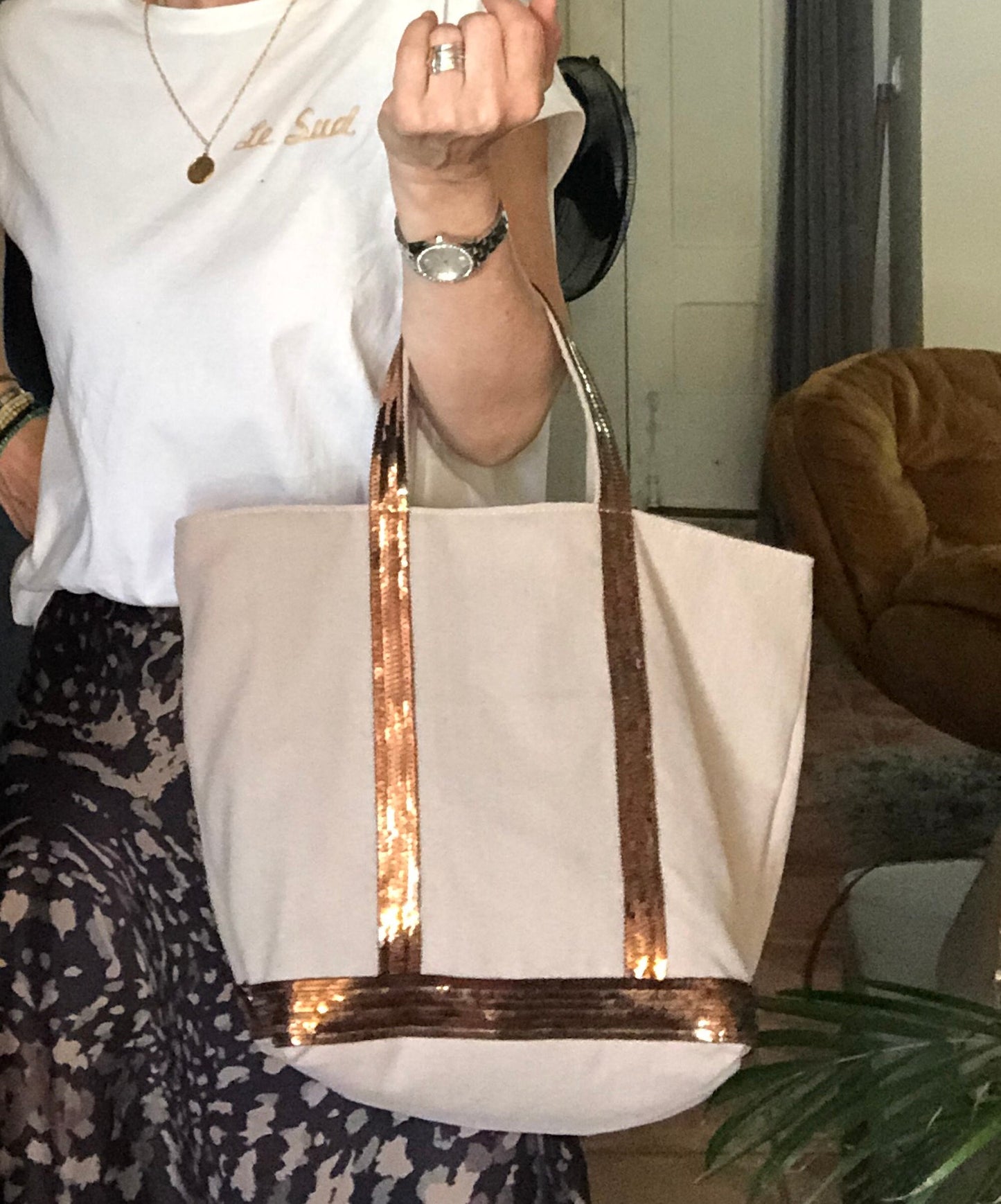 Cotton canvas tote bag, sequin beach bag
