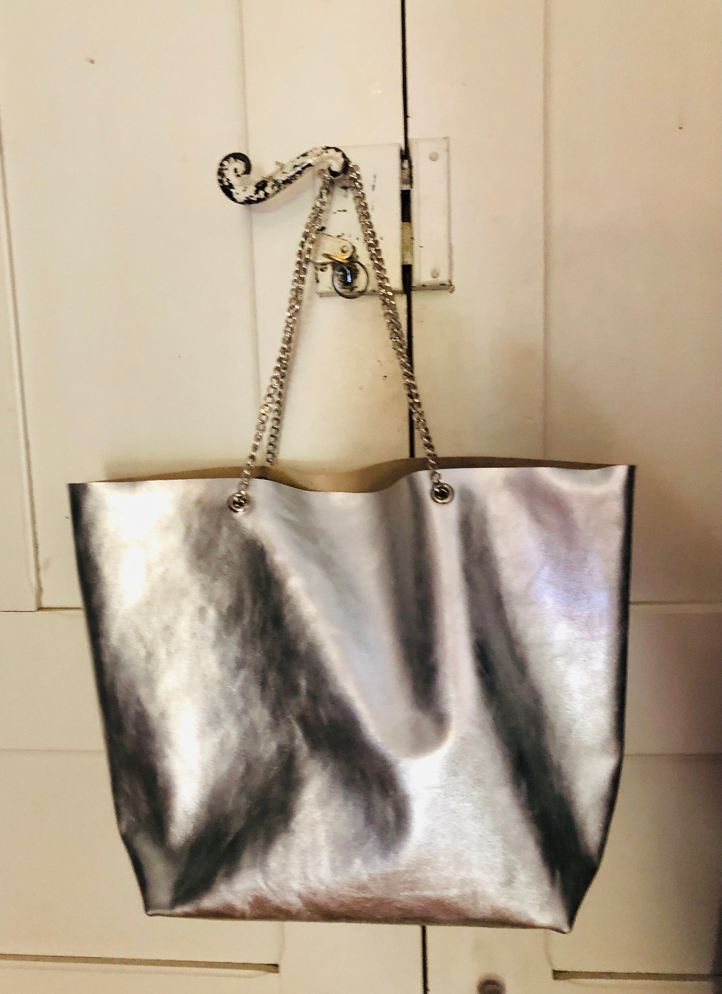 Sac tote épaule cuir argent, Sac a main femme cuir souple italien, sac shopping cuir, sac cabas femme cuir, fourre tout cuir argent