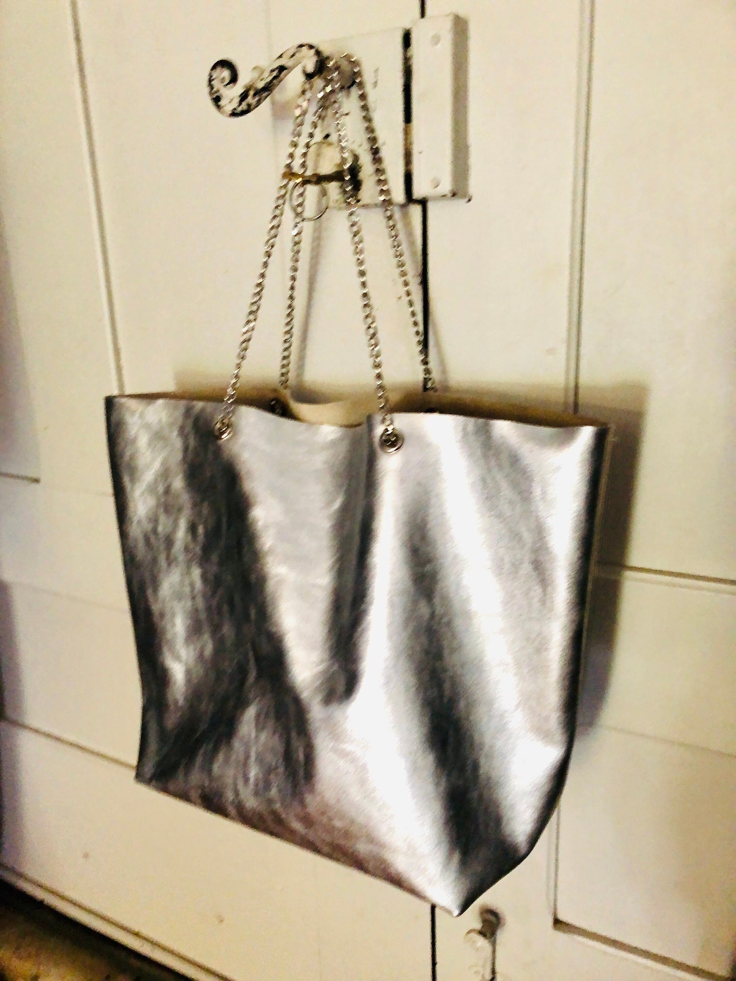 Sac tote épaule cuir argent, Sac a main femme cuir souple italien, sac shopping cuir, sac cabas femme cuir, fourre tout cuir argent