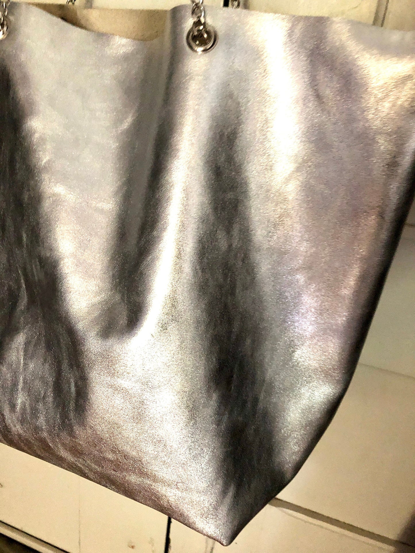 Sac tote épaule cuir argent, Sac a main femme cuir souple italien, sac shopping cuir, sac cabas femme cuir, fourre tout cuir argent