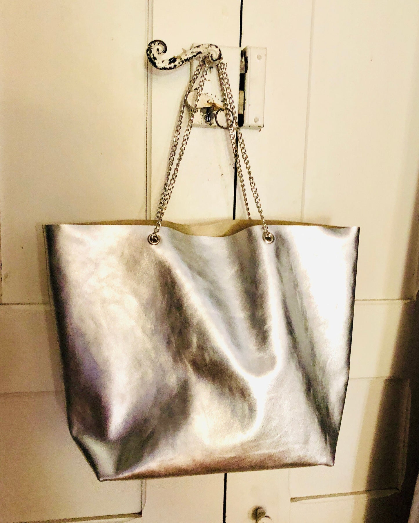 Sac tote épaule cuir argent, Sac a main femme cuir souple italien, sac shopping cuir, sac cabas femme cuir, fourre tout cuir argent