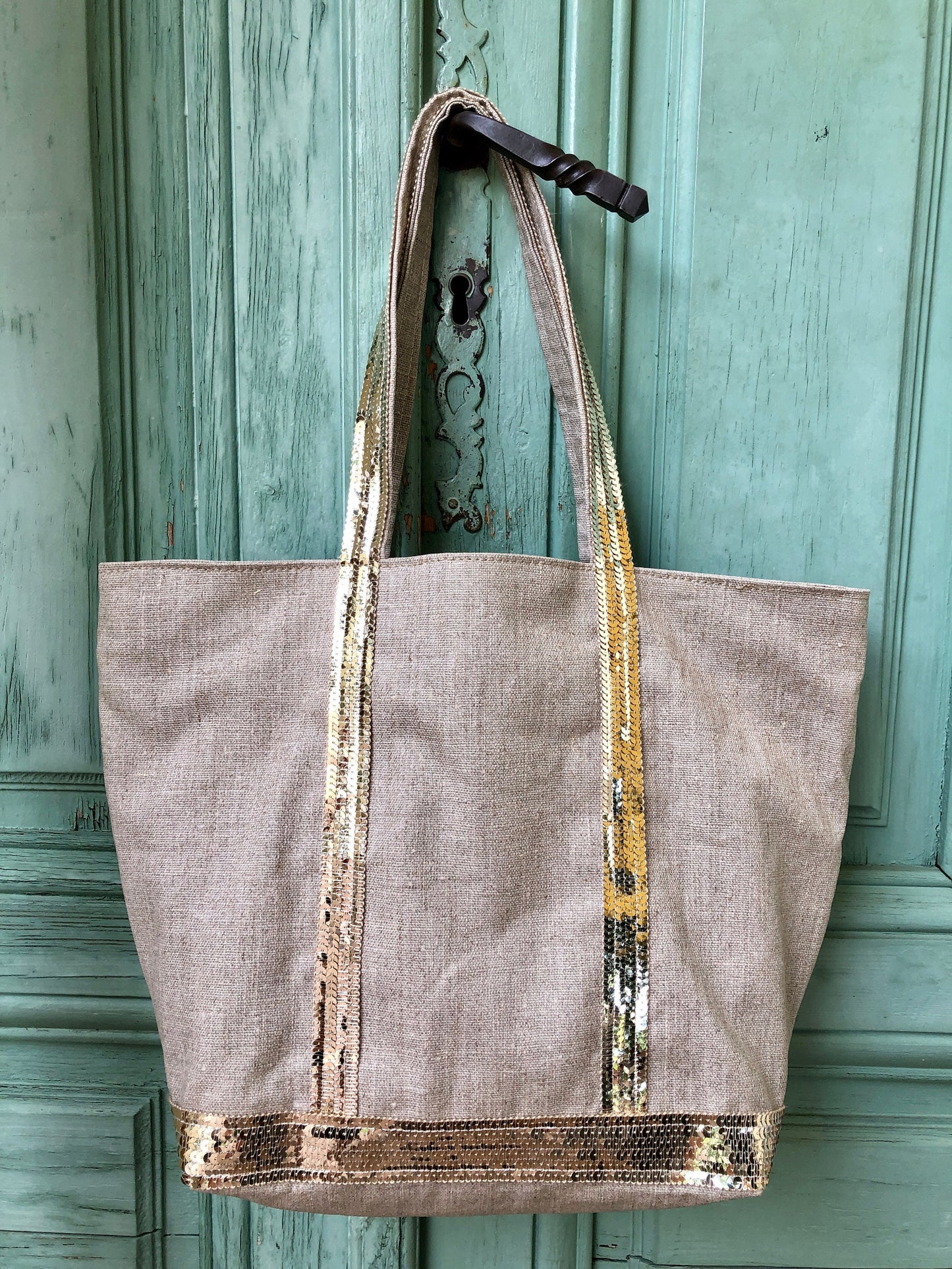 Natural coated linen shoulder bag with gold glitter, tote bag with zipper, summer tote bag, linen shoulder tote bag