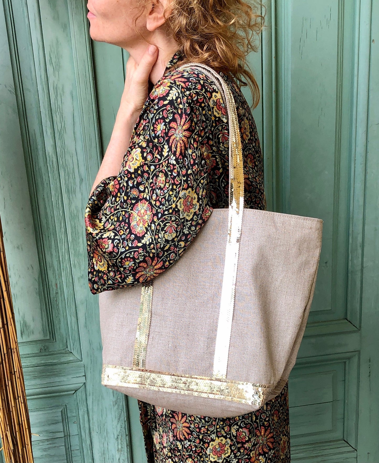 Natural coated linen shoulder bag with gold glitter, tote bag with zipper, summer tote bag, linen shoulder tote bag