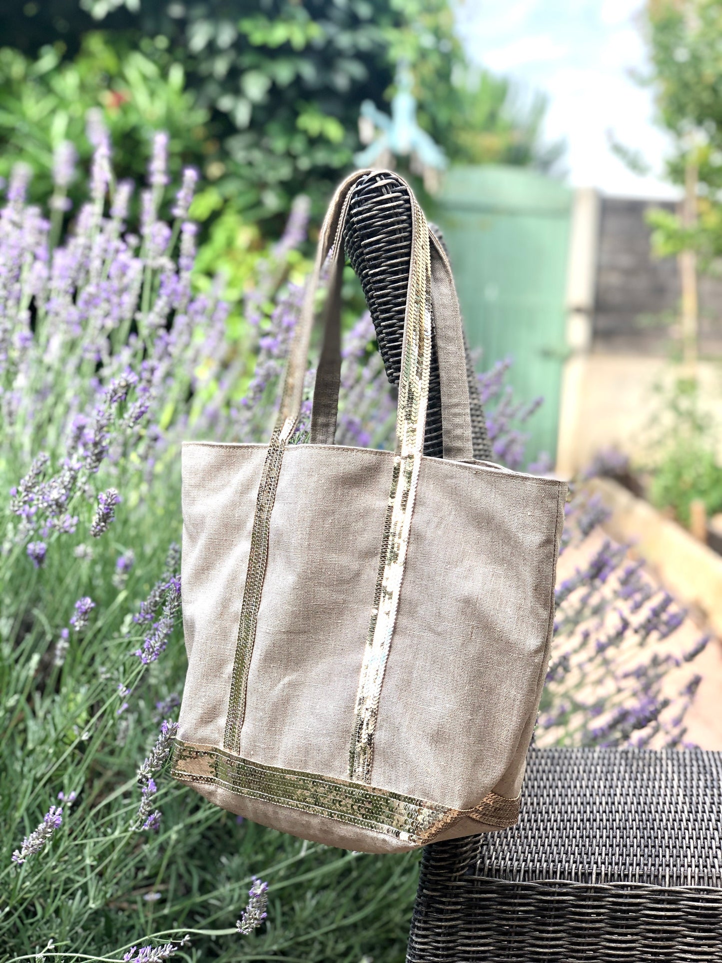 Natural coated linen tote bag with gold glitter, tote bag with zipper, summer tote, linen shoulder bag