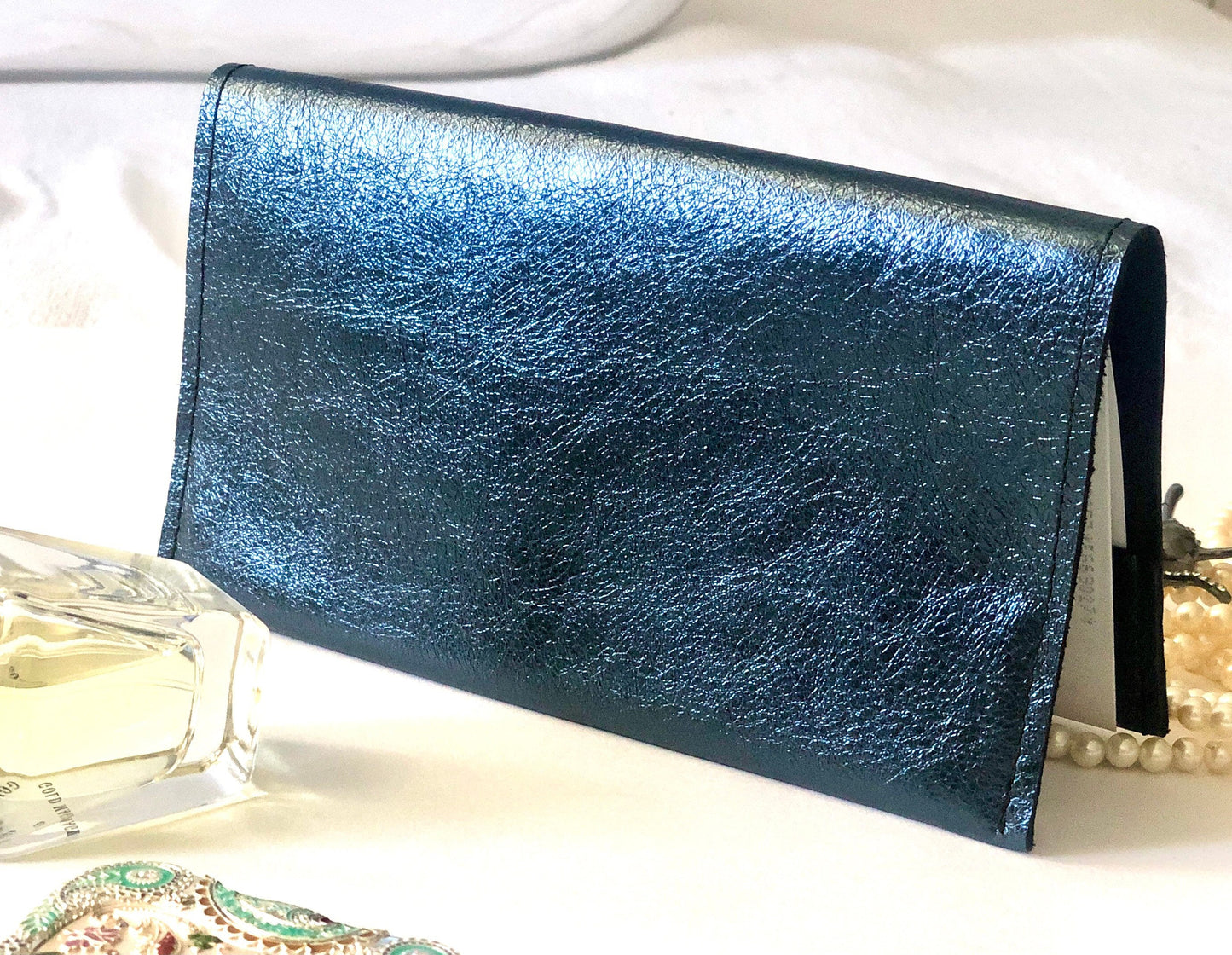 Navy blue leather check book cover, metallic leather check book pouch, leather gift for her