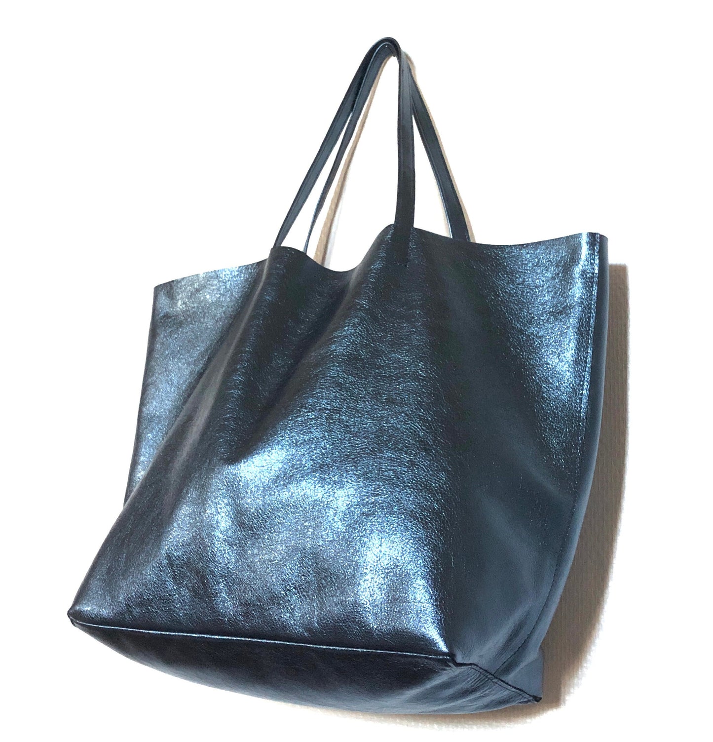 Metallic navy Italian leather large tote bag large navy sparkle leather oversize tote everyday leather shoulder purse