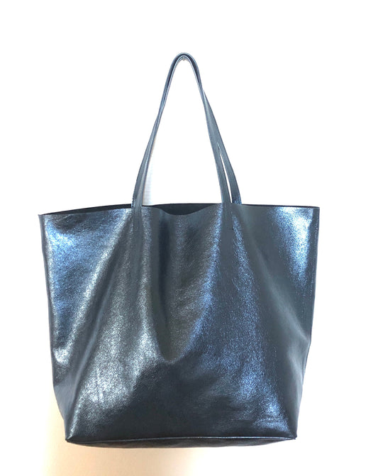 Metallic navy Italian leather large tote bag large navy sparkle leather oversize tote everyday leather shoulder purse