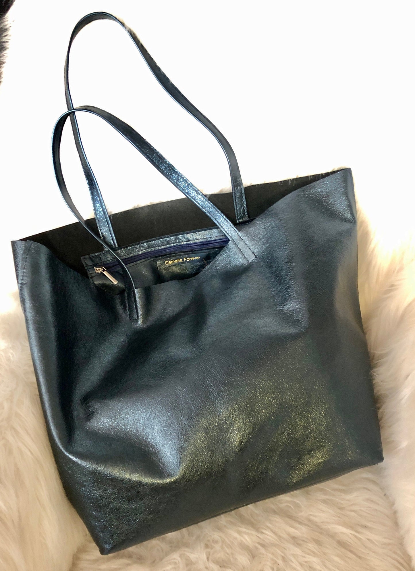 Metallic navy Italian leather large tote bag large navy sparkle leather oversize tote everyday leather shoulder purse