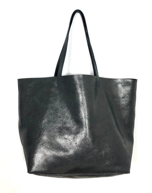 Tote bag in black metallic Italian split leather